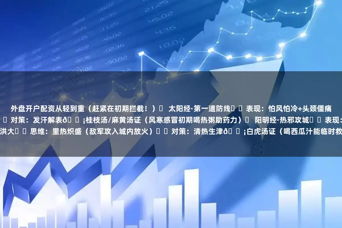 外盘开户配资从轻到重（赶紧在初期拦截！）❶ 太阳经·第一道防线▫️表现：怕风怕冷+头颈僵痛+脉浮▫️思维：病邪在体表（就像城门受敌）▫️对策：发汗解表💡桂枝汤/麻黄汤证（风寒感冒初期喝热粥助药力）❷ 阳明经·热邪攻城▫️表现：大汗+大渴+高热+脉洪大▫️思维：里热炽盛（敌军攻入城内放火）▫️对策：清热生津💡白虎汤证（喝西瓜汁能临时救急！）❸ 少阳经·徘徊城门间▫️表现口苦咽干+忽冷忽热+胸胁胀闷▫